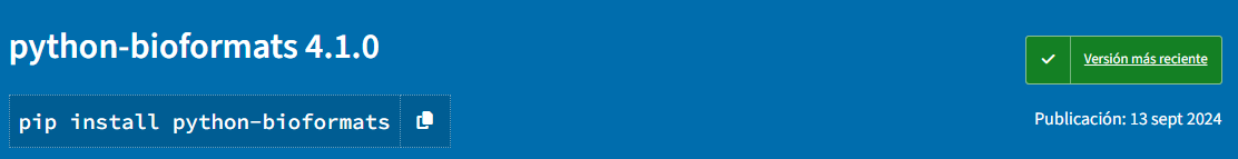 Capture d’écran de la page de publication du package 'python-bioformats 4.1.0.' La page a un fond bleu et affiche en évidence le nom et la version du package. En dessous, un extrait de commande montre comment installer le package avec pip : 'pip install python-bioformats,' avec un bouton de copie à côté. Ce package permet aux utilisateurs Python de travailler avec Bio-Formats, une bibliothèque permettant de lire et de traiter des données d’imagerie de recherche.