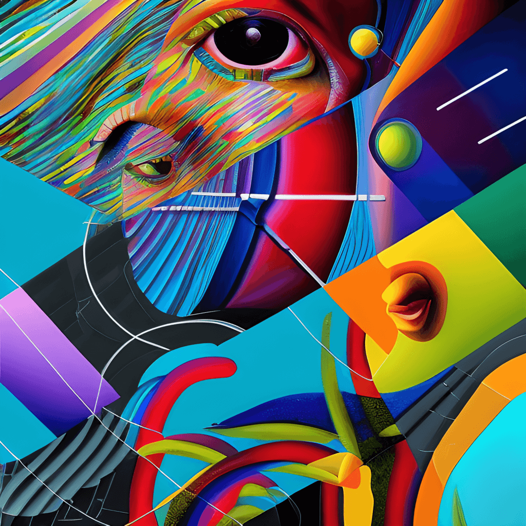Une œuvre d'art numérique abstraite et vibrante représentant un visage humain fragmenté, mêlé à des formes géométriques, des textures colorées et des éléments technologiques. La composition inclut un grand œil expressif entouré de traînées de couleurs, de circuits et de lignes entrecroisées. D'autres éléments, tels qu'une bouche stylisée et des structures courbées en forme de rubans, renforcent l'esthétique surréaliste.