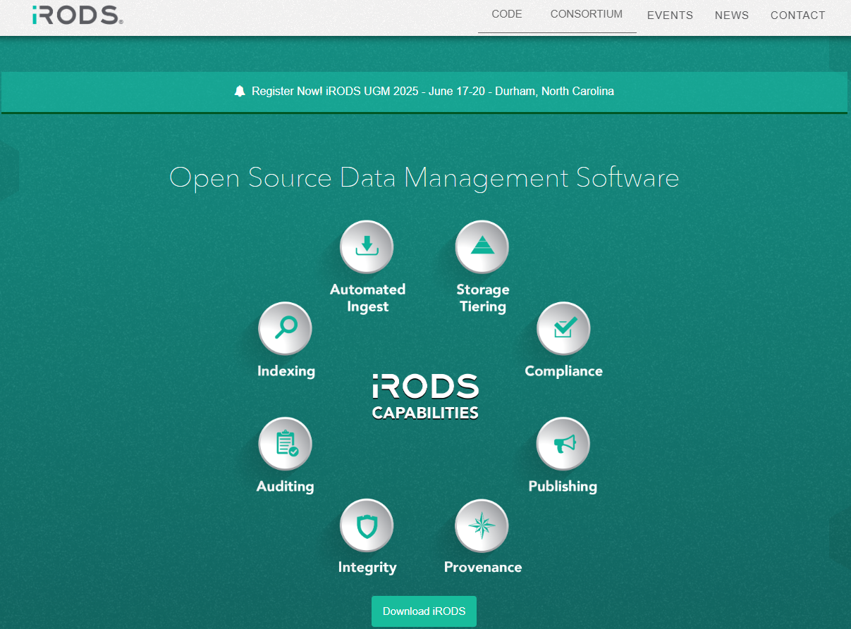Capture d'écran de la page d'accueil du site Web iRODS. La page a un arrière-plan vert et présente iRODS comme un logiciel de gestion des données open-source. Un diagramme circulaire au centre met en avant les principales fonctionnalités d’iRODS, notamment l'ingestion automatisée, la hiérarchisation du stockage, la conformité, la publication, la provenance, l'intégrité, l'audit et l'indexation. Un bouton 'Download iRODS' est visible en bas.