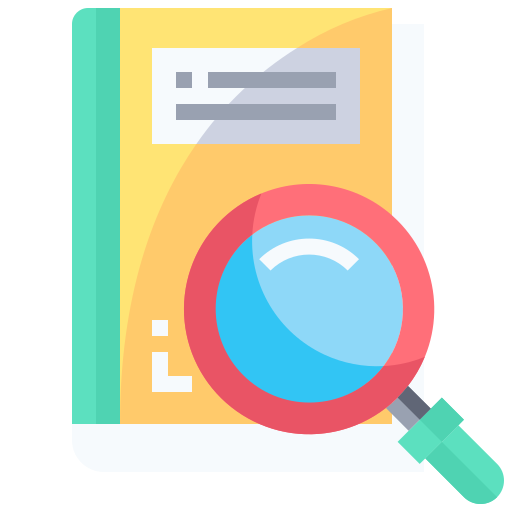 Illustration d'un livre avec une loupe placée dessus. Le livre a une couverture jaune avec une étiquette en haut, et la loupe a un bord rouge avec une lentille bleue, symbolisant la recherche, l'analyse ou l'étude.