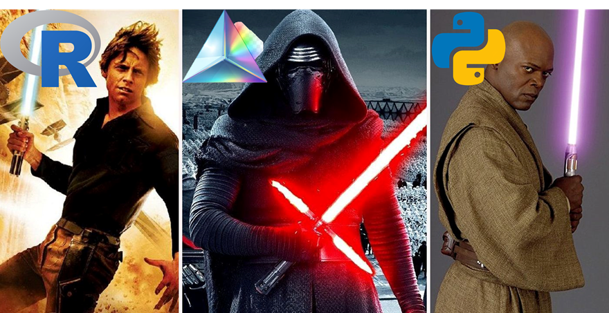 Un mème humoristique sur le thème de la Guerre des étoiles comparant différents langages de programmation. L'image est divisée en trois sections, chacune montrant un personnage de Star Wars brandissant un sabre laser. À gauche, Luke Skywalker, avec un logo de langage de programmation « R », tient un sabre laser bleu. Au centre, Kylo Ren brandit un sabre laser rouge à garde transversale portant le logo GraphPad. À droite, Mace Windu, associé au logo Python, tient un sabre laser violet. Ce mème dépeint avec humour les rôles perçus des logiciels libres dans le paysage de la recherche.