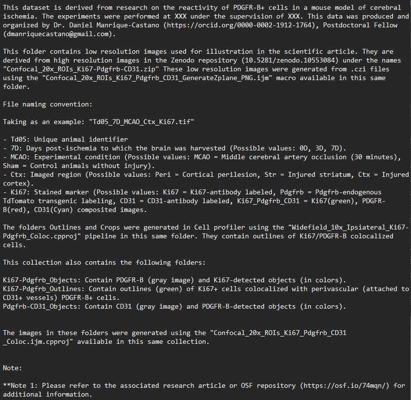 Screenshot of descriptive metadata for a dataset related to PDGFR-B+ cell reactivity in a mouse model of cerebral ischemia. The text provides details on the dataset's origin, file naming conventions, experimental conditions, and image processing methods. It describes how images were derived from high-resolution Zenodo deposits and processed using ImageJ and CellProfiler. The document also outlines folder contents, including Ki67/PDGFR-B object detections and outlines, and references an OSF repository for further details.
