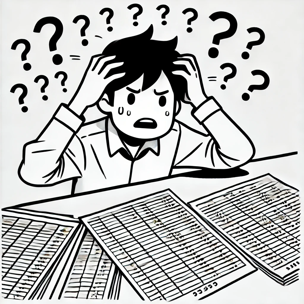 A black-and-white cartoon illustration of a frustrated person holding their head, surrounded by question marks. The person is sitting at a table covered with large, disorganized spreadsheets filled with numbers and text, symbolizing the challenge of managing and understanding research data.