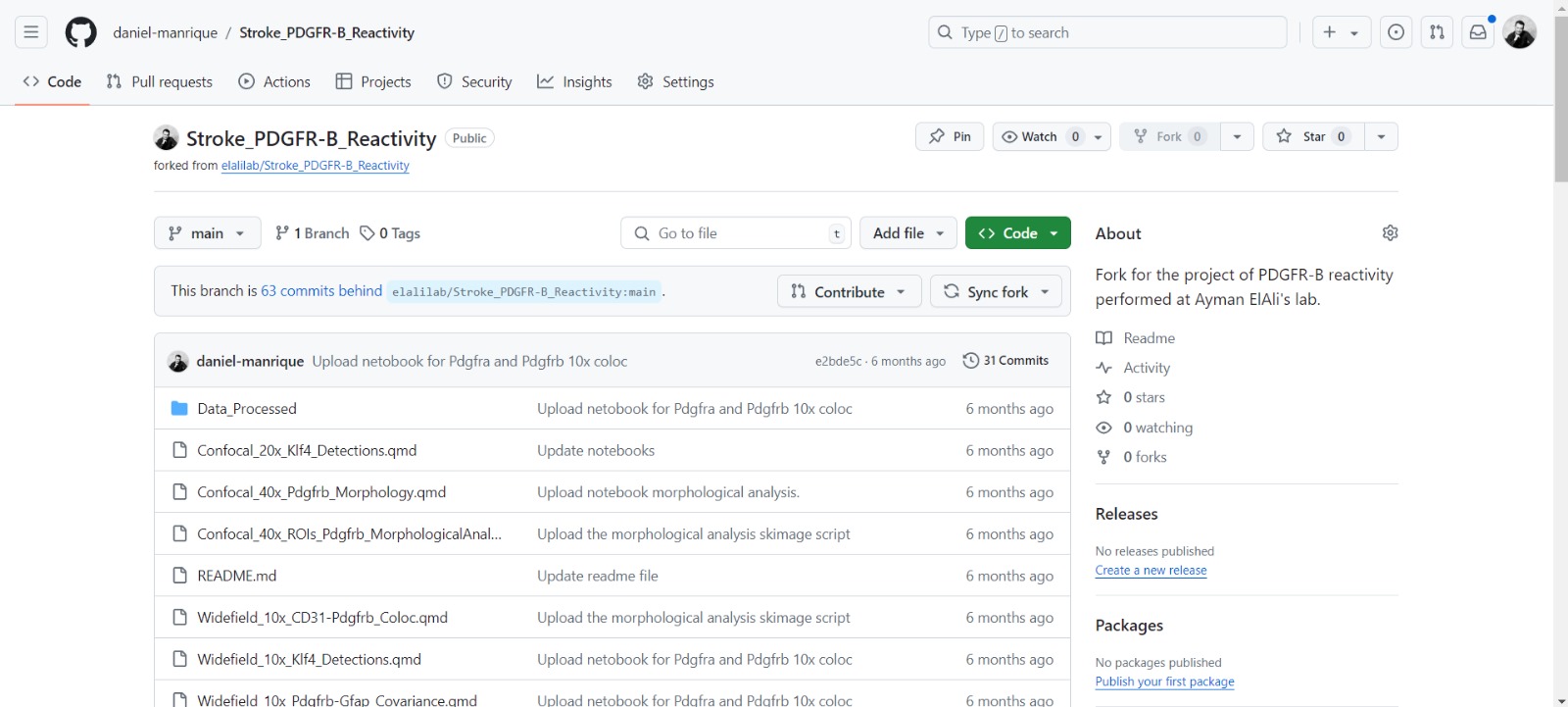 Screenshot of a GitHub repository named 'Stroke_PDGRF-B_Reactivity,' forked from 'elalilab/Stroke_PDGRF-B_Reactivity.' The repository is public and contains directories such as 'Data_Processed' and multiple Quarto markdown files (`.qmd`) related to data analysis