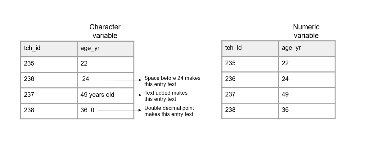 Two tables comparing character and numeric variable formatting. The left table, labeled 'Character variable,' contains inconsistent age values: '24' has an extra space, '49 years old' includes unnecessary text, and '36..0' has a formatting error, causing them to be stored as text instead of numbers. The right table, labeled 'Numeric variable,' correctly stores ages as numerical values without extra spaces, text, or formatting issues. This demonstrates the importance of maintaining clean numeric data for proper analysis.