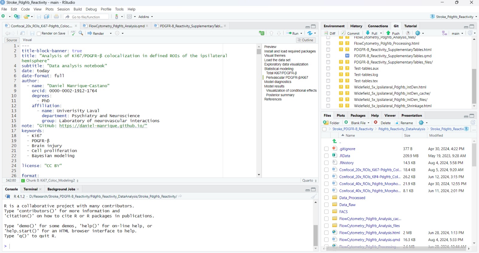 Screenshot of an R-Studio session displaying a Quarto data analysis notebook.