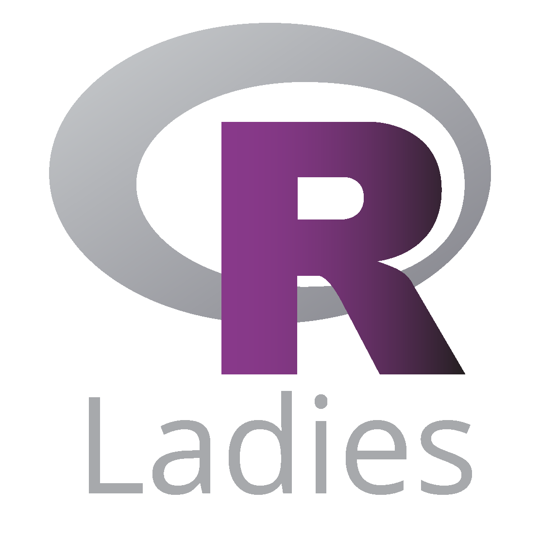 Logo of R-Ladies, a global organization that promotes gender diversity in the R programming community. The logo features a stylized gray 'R' symbol in the background, similar to the official R programming language logo, with a bold purple 'R' in the foreground. Below, the word 'Ladies' is written in gray. The logo represents an inclusive and supportive community for women and gender minorities in data science and programming with R.