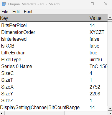 ![Screenshot of the metadata viewer displaying technical metadata from a `.czi` microscopy image file. The metadata table includes keys and values such as 'BitsPerPixel' (14), 'DimensionOrder' (XYZCT), and 'PixelType' (uint16). Other metadata details indicate that the image has 4 channels (SizeC), a single time point (SizeT = 1), dimensions of 2752x2208 pixels (SizeX, SizeY), and a single Z-plane (SizeZ = 1). This metadata provides essential information for image processing and analysis in research microscopy.