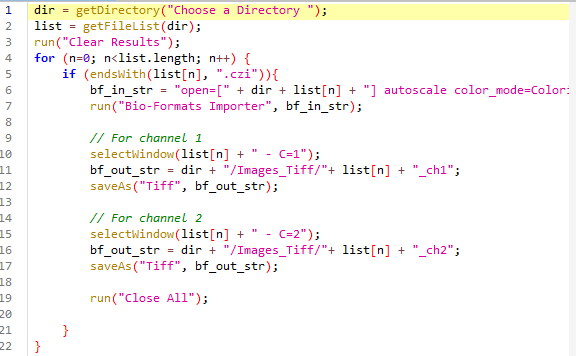 Screenshot of an ImageJ macro script written in JavaScript. The script automates the conversion of `.czi` microscopy image files into `.tif` format. It prompts the user to select a directory, retrieves the list of `.czi` files, and processes each file by opening it with Bio-Formats Importer. It then extracts two image channels, saving them separately as `.tif` files in an 'Images_Tiff' folder. The script ensures all files are processed systematically and closes all windows after completion.