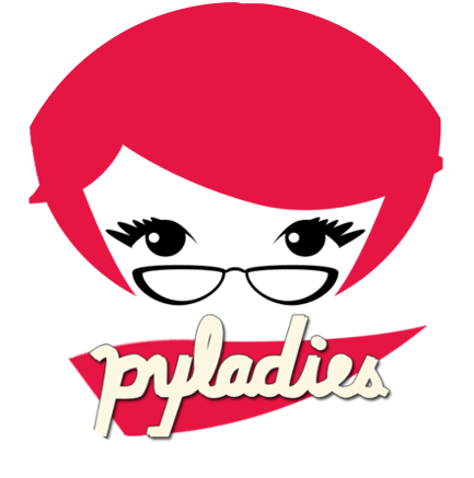 Logo of PyLadies, an international organization that promotes gender diversity in the Python programming community. The logo features a stylized illustration of a woman with red hair, black-rimmed glasses, and expressive eyes with long lashes. Below the face, the word 'pyladies' is written in a cursive, cream-colored font on a red banner. The circular logo represents an inclusive and supportive community for women and gender minorities in Python programming and data science.