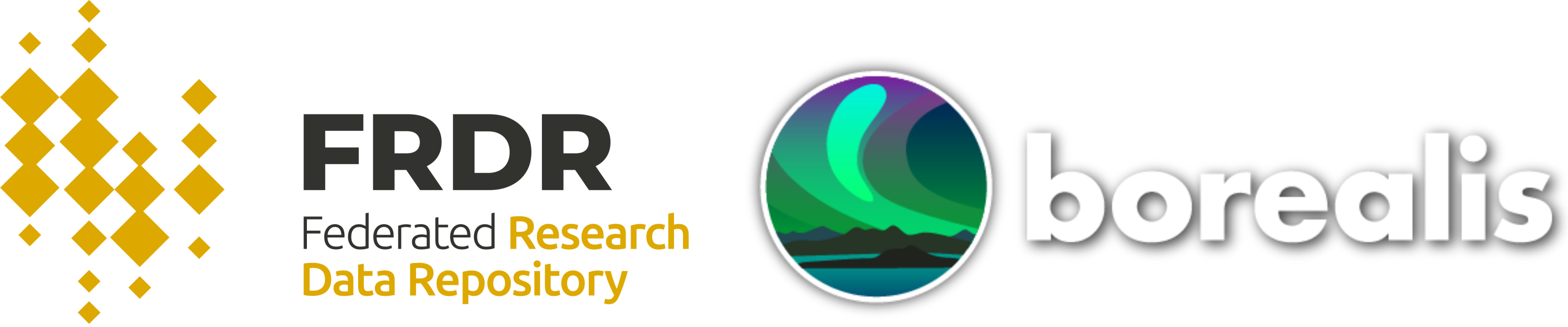 Logos de deux dépôts de données de recherche canadiens : FRDR (Federated Research Data Repository) et Borealis. Le logo de FRDR présente un motif géométrique de carrés jaunes formant un losange, avec le nom du dépôt en texte noir et or. Le logo de Borealis inclut une représentation artistique des aurores boréales au-dessus des montagnes et d’un lac, avec le nom du dépôt en texte blanc en gras.